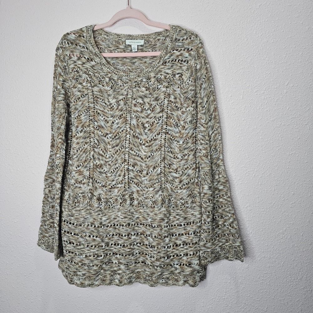 Vintage America Women's Open Knit Sweater Pullover Textured Brown Tan Size Large
